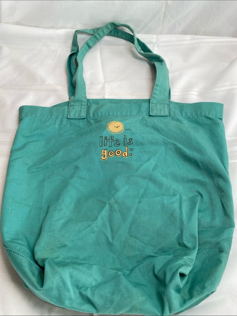 Life Is Good Teal Green Canvas Tote with Sunny Graphic